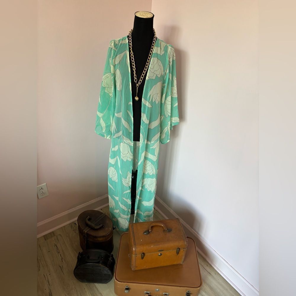 Mint Green Floral Kimono Coat